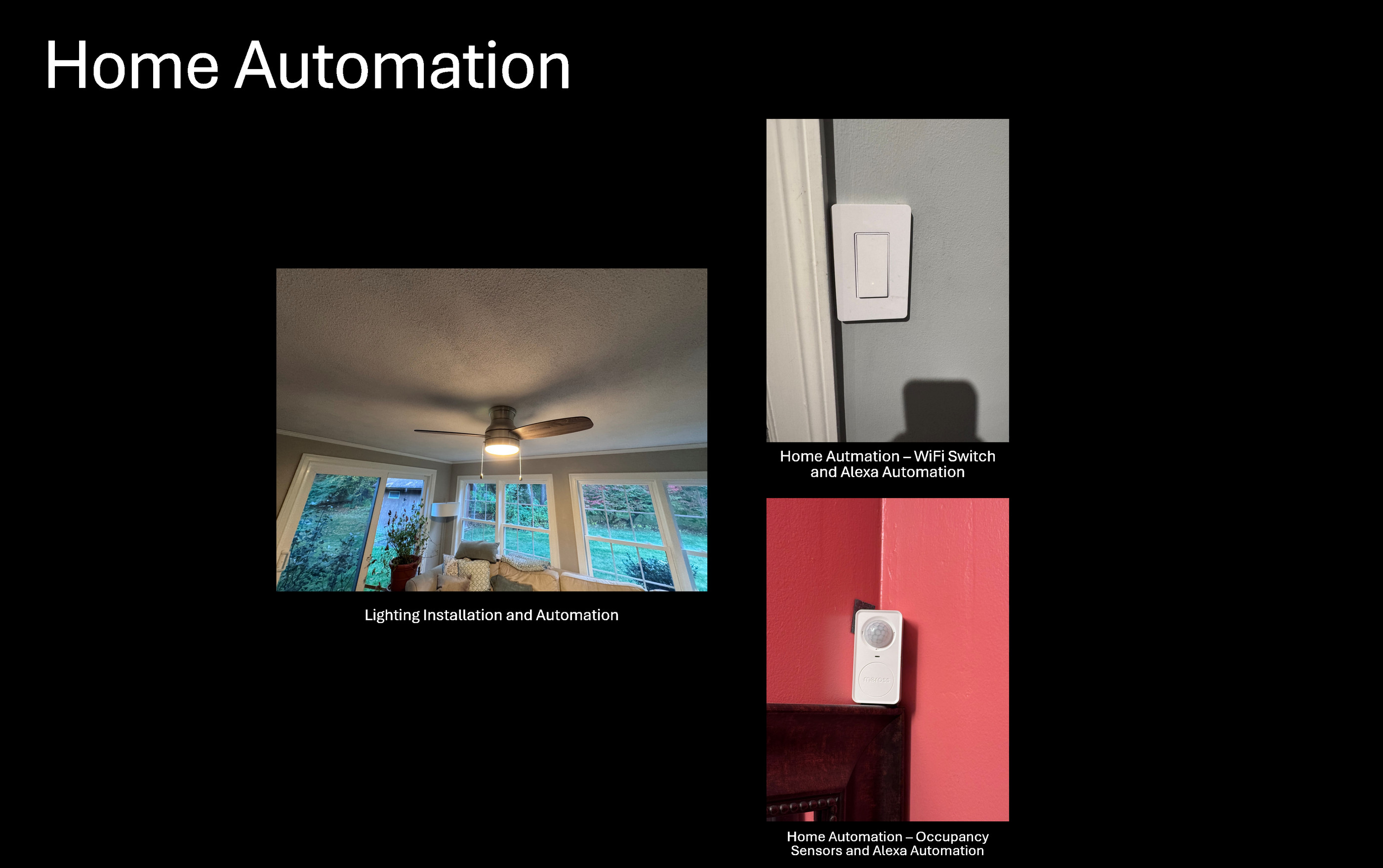 Home automation collage showing a ceiling fan and lighting, a Wi-Fi wall switch, and an occupancy sensor.